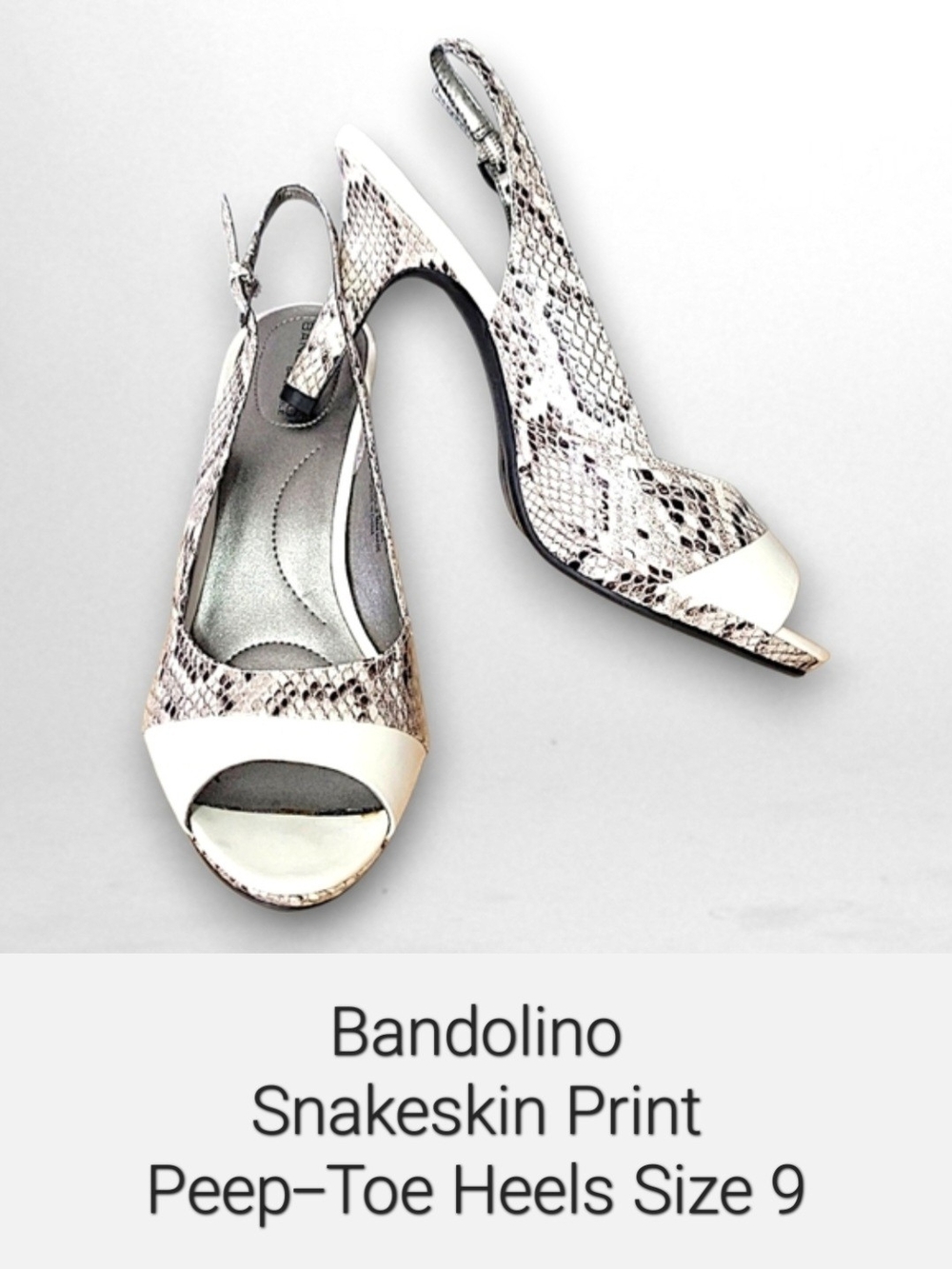 Bandolino White and Grey Snakeskin Peep-Toe Slingback Heels Size 9